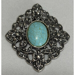Silver‎ Tone Faux Turquoise Pendant Statement Cowgirl Western Southwestern Rodeo